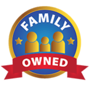 A family owned badge with three people and the words " family owned ".